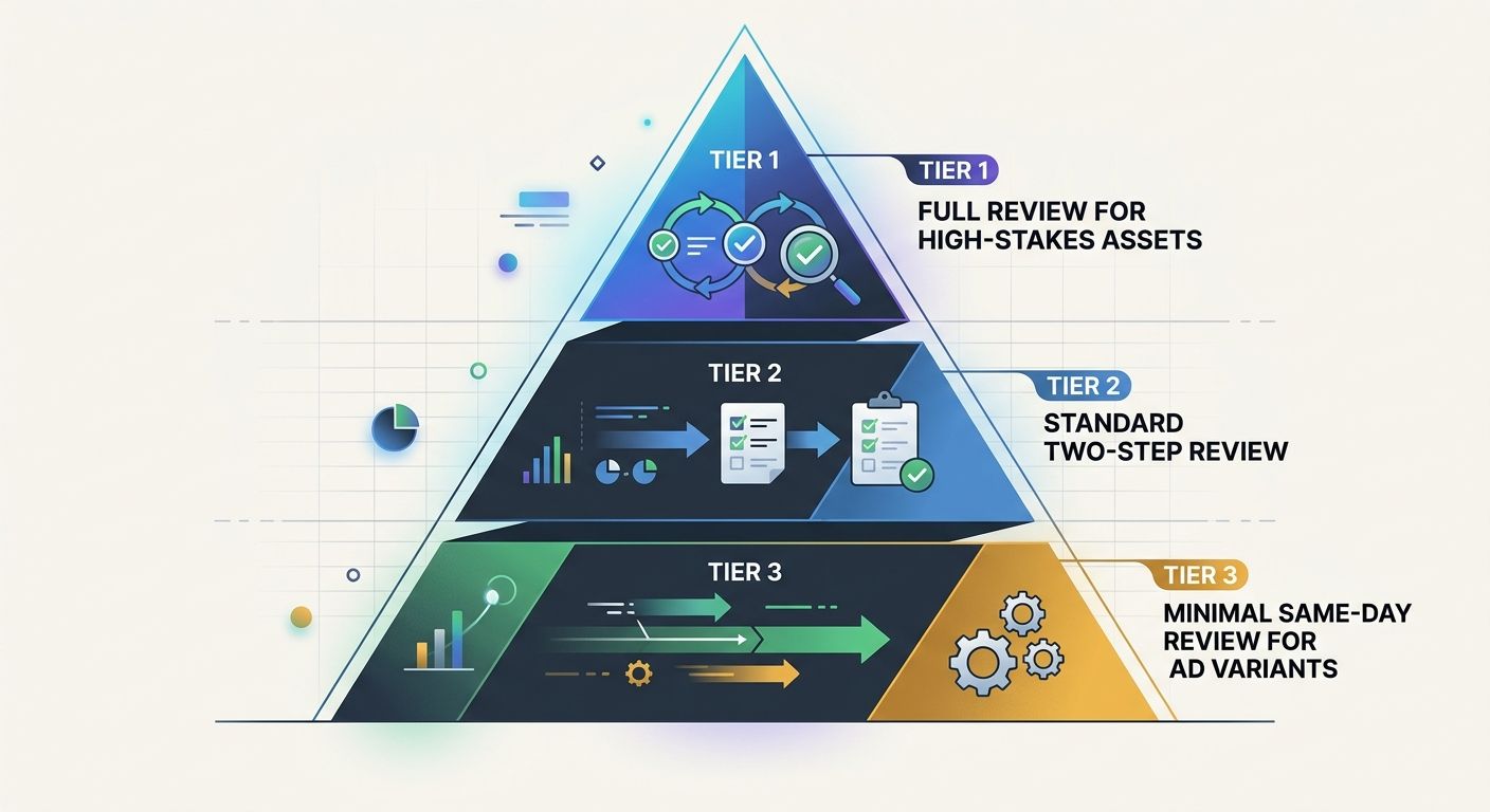 A three-tier pyramid diagram showing content review workflows—Tier 1 at top with full review for high-stakes assets, Tier 2 in middle with standard two-step review, and Tier 3 at base with minimal sam