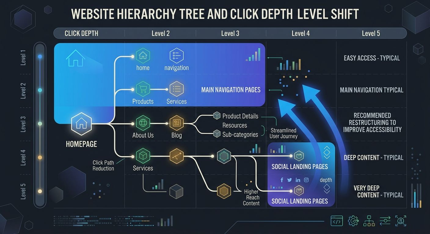infographic showing a website hierarchy tree with click depth levels labeled 1 through 5, highlighting how social landing pages typically sit at depth 4-5 while homepage and main navigation pages sit 