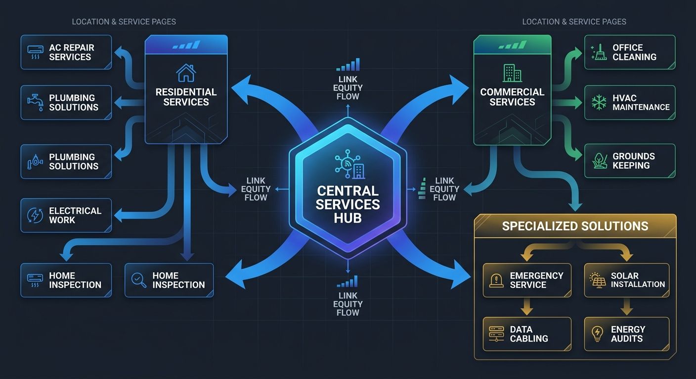 Diagram of a website's internal linking structure showing a hub-and-spoke model where a central services page connects to individual location and service pages, with arrows indicating link equity flow