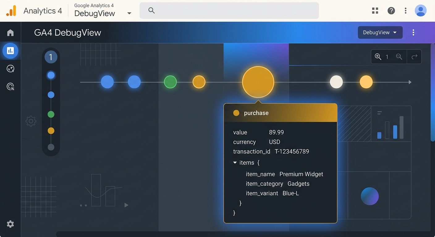 A screenshot-style illustration of GA4 DebugView interface showing a timeline of events with color-coded dots, an expanded purchase event revealing its parameters including value, currency, transactio