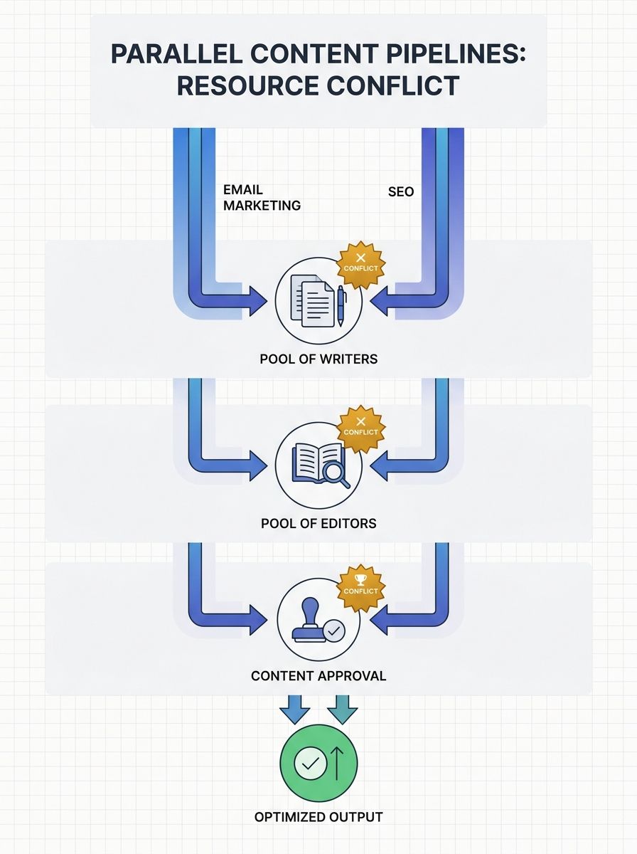 A workflow diagram showing two parallel content pipelines — email marketing and SEO — competing for the same pool of writers, editors, and approval resources, with conflict points highlighted at each