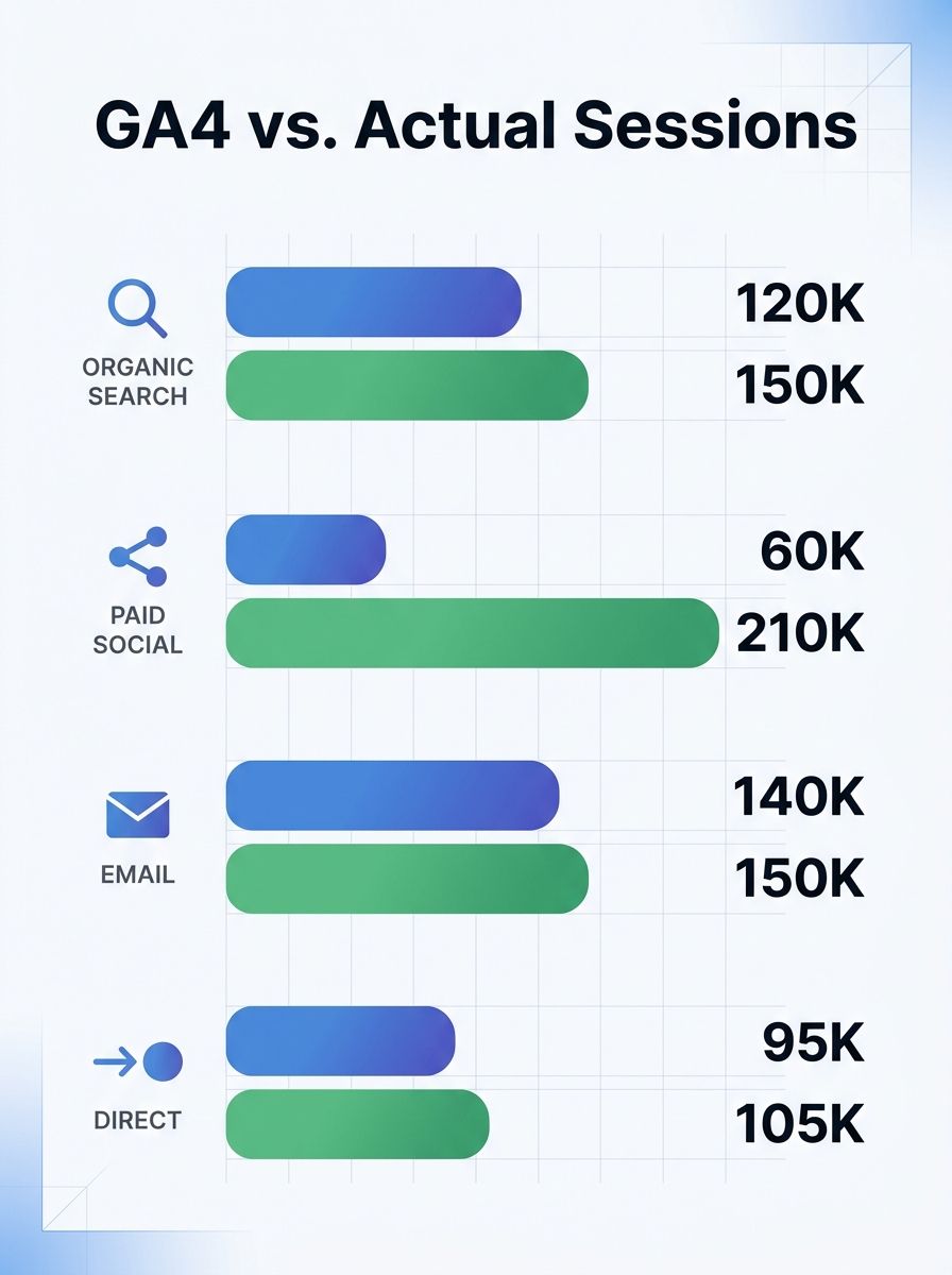 A bar chart comparing GA4-reported sessions vs. actual sessions across different traffic channels (organic search, paid social, email, direct), showing paid social with the largest gap between reporte