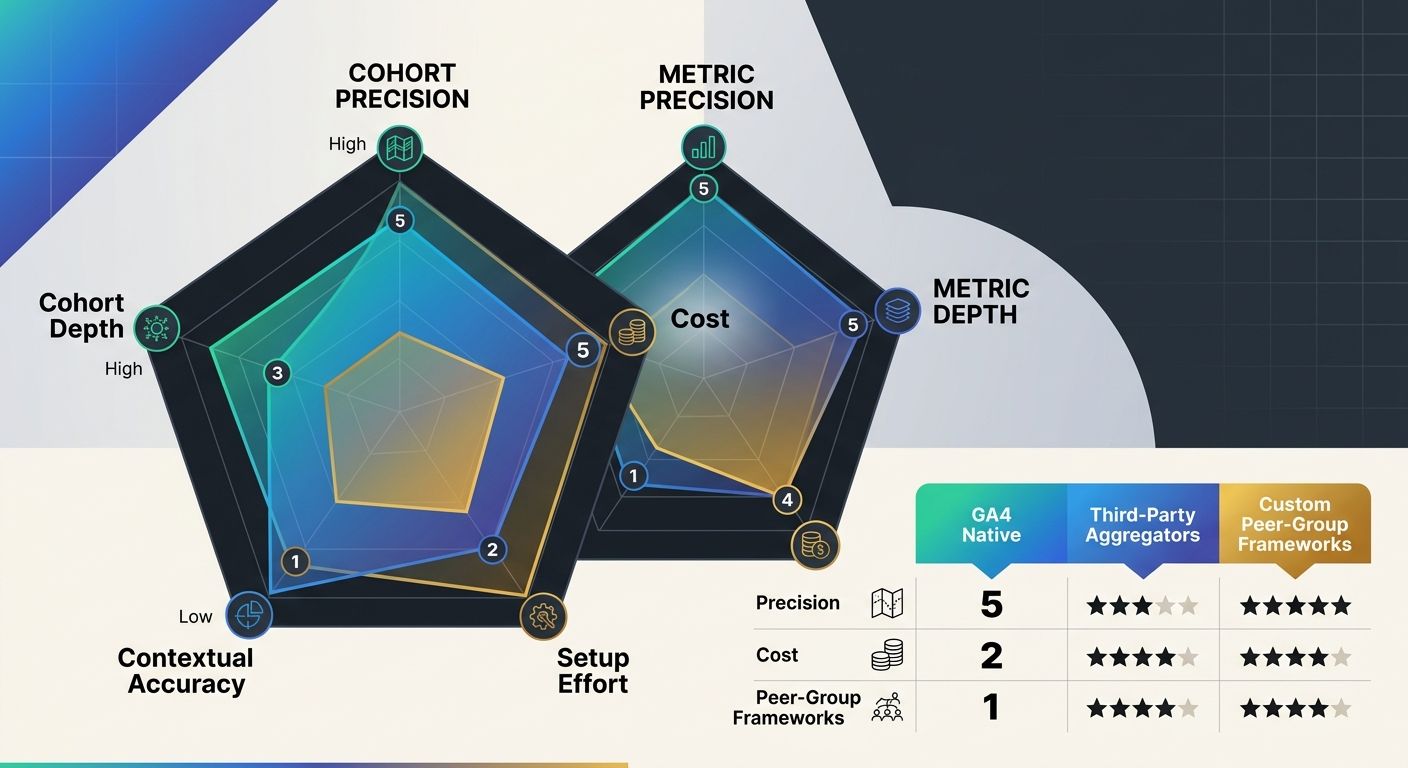 An infographic comparing three benchmarking approaches side by side — GA4 Native, Third-Party Aggregators, and Custom Peer-Group Frameworks — across five evaluation criteria: cohort precision, metric