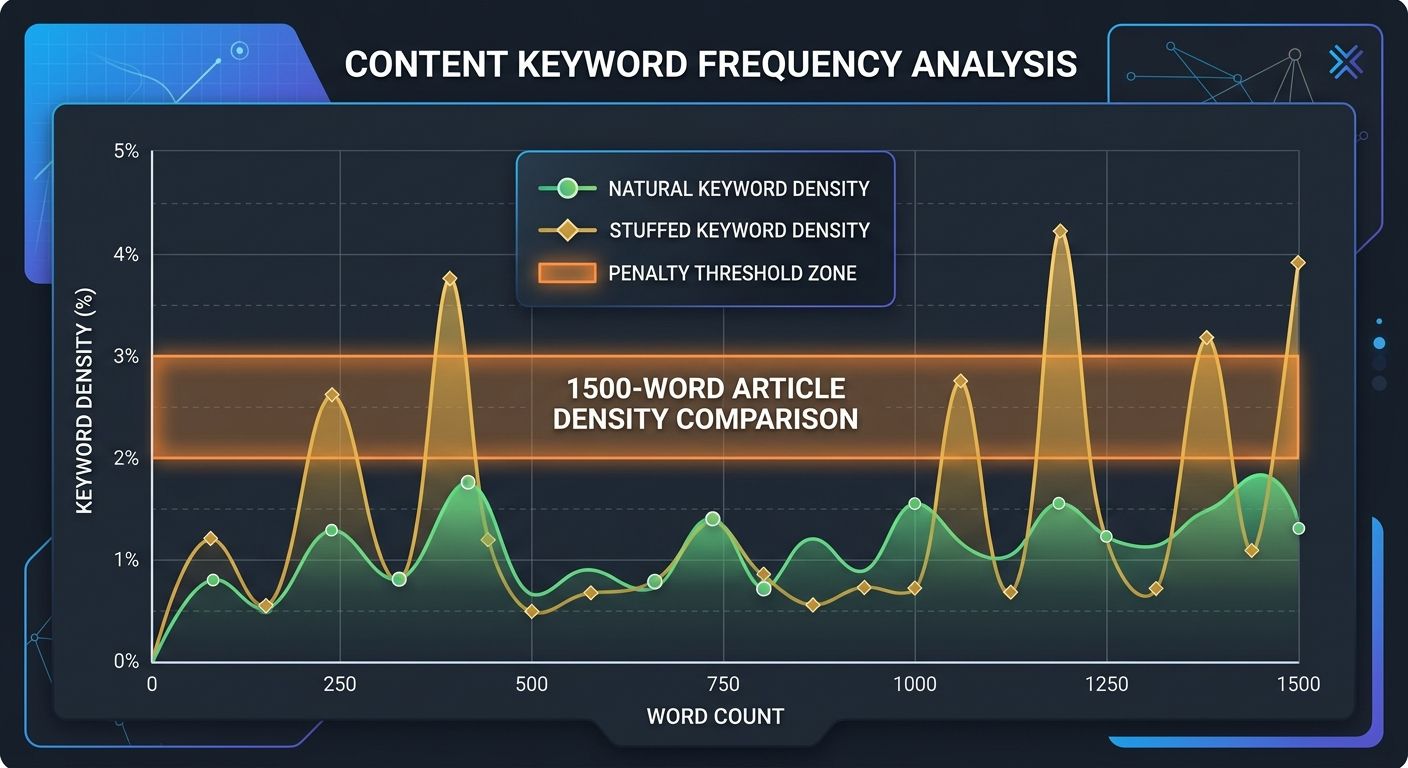 A density graph showing natural keyword frequency versus stuffed keyword frequency across a 1500-word article, with the penalty threshold zone highlighted between 2-3% density