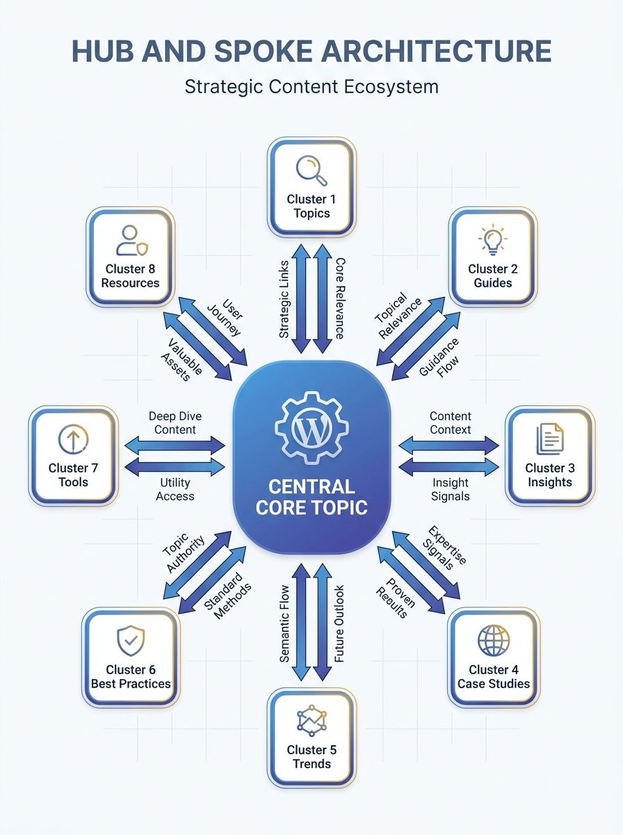 diagram showing a central pillar page surrounded by eight cluster pages connected by bidirectional arrows, with labels showing anchor text flowing between each spoke and the hub