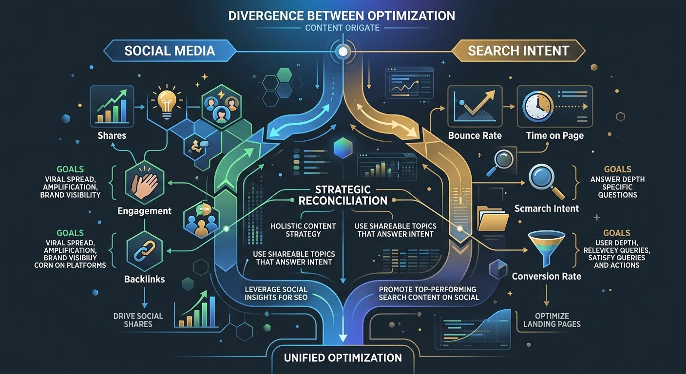 An infographic showing the divergence between social media content optimization goals (shares, engagement, backlinks) versus search intent optimization goals (bounce rate, time on page, conversion rat