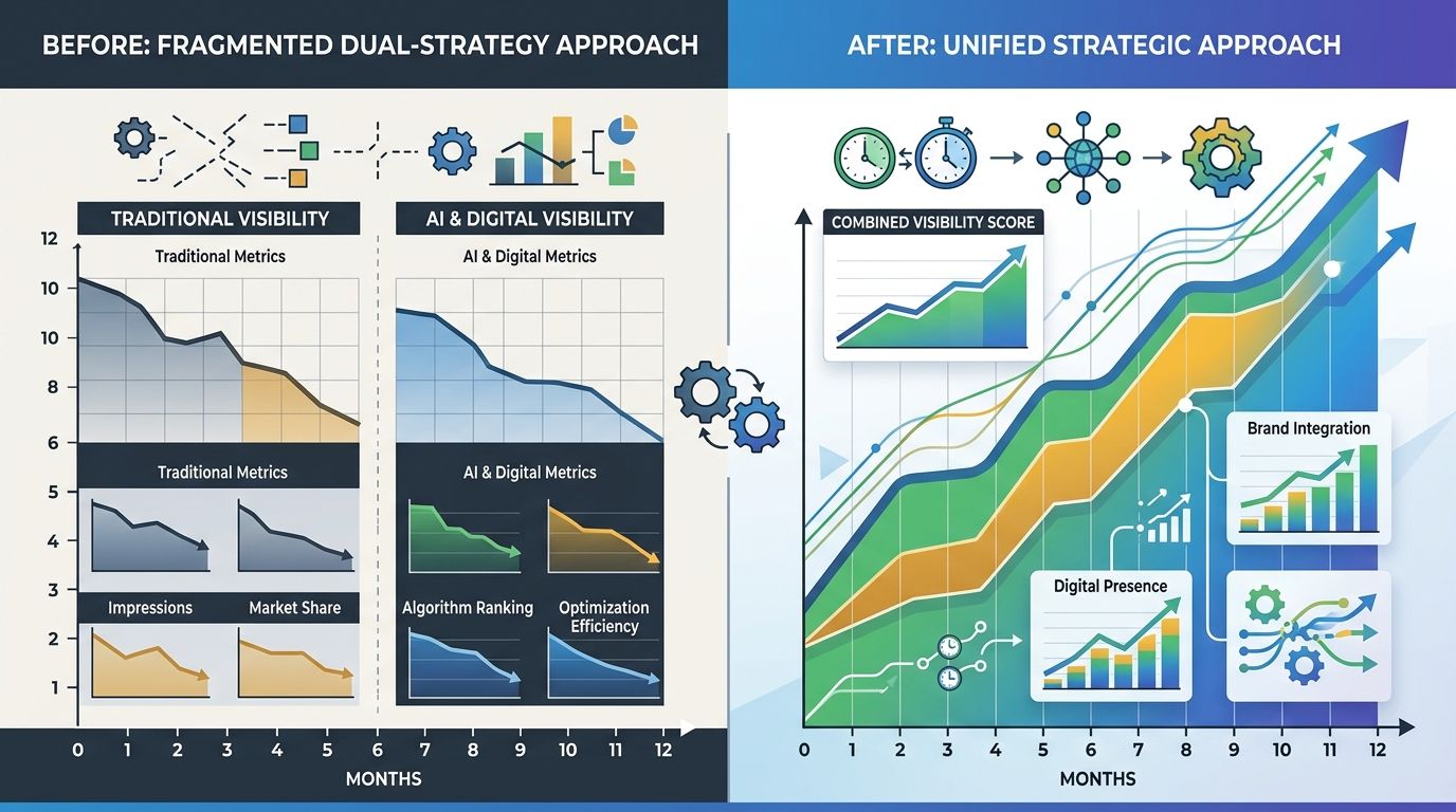 before-and-after comparison chart showing a fragmented dual-strategy approach on the left with declining traditional and AI metrics, versus a unified approach on the right with rising combined visibil