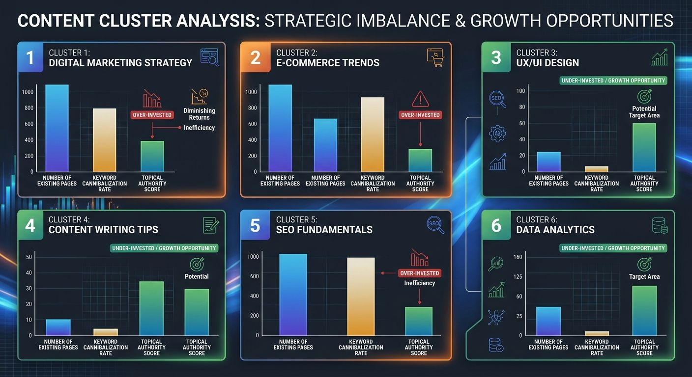 An infographic showing six content clusters with bar charts comparing number of existing pages, keyword cannibalization rate, and topical authority score for each cluster, highlighting the imbalance b