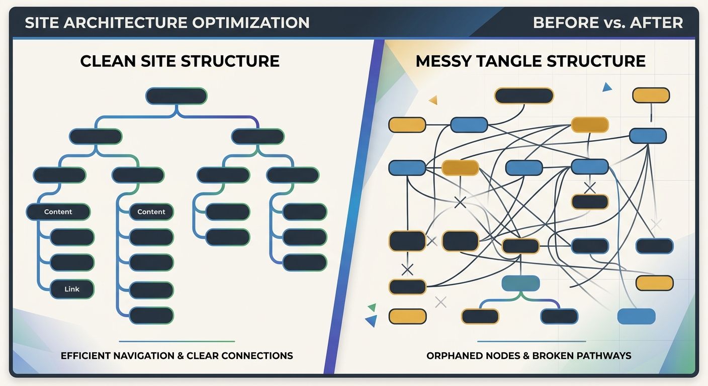a before-and-after comparison showing a clean site structure on the left with clear connections versus a messy tangled structure on the right with orphaned nodes and broken pathways