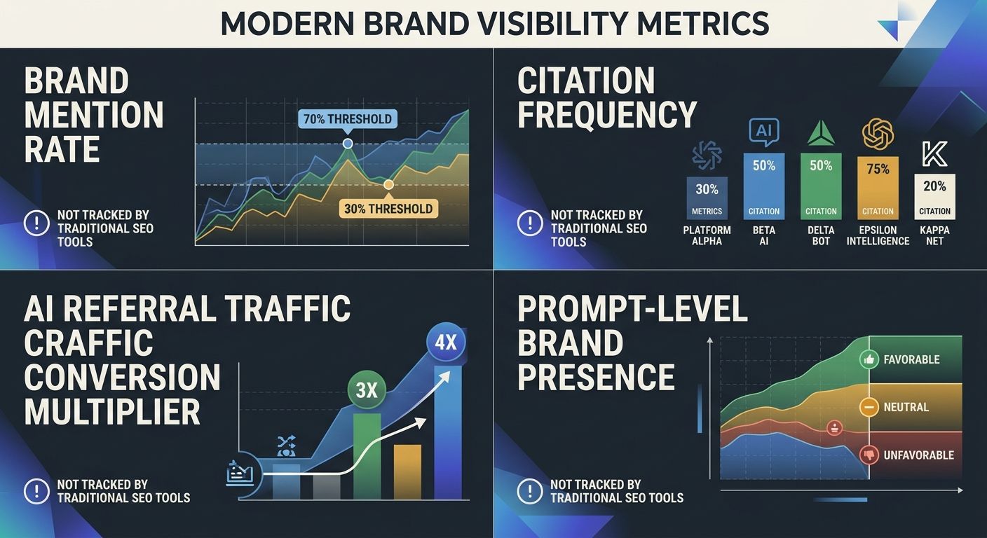 Infographic displaying four metric categories in quadrants - brand mention rate with 70% and 30% threshold markers, citation frequency across five AI platforms, AI referral traffic conversion multipli