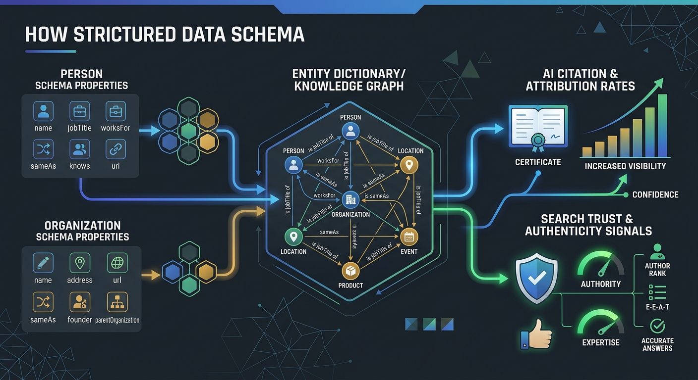 Flowchart showing how Person schema and Organization schema properties (jobTitle, worksFor, sameAs) feed into an entity graph, which then influences AI citation rates and search trust signals