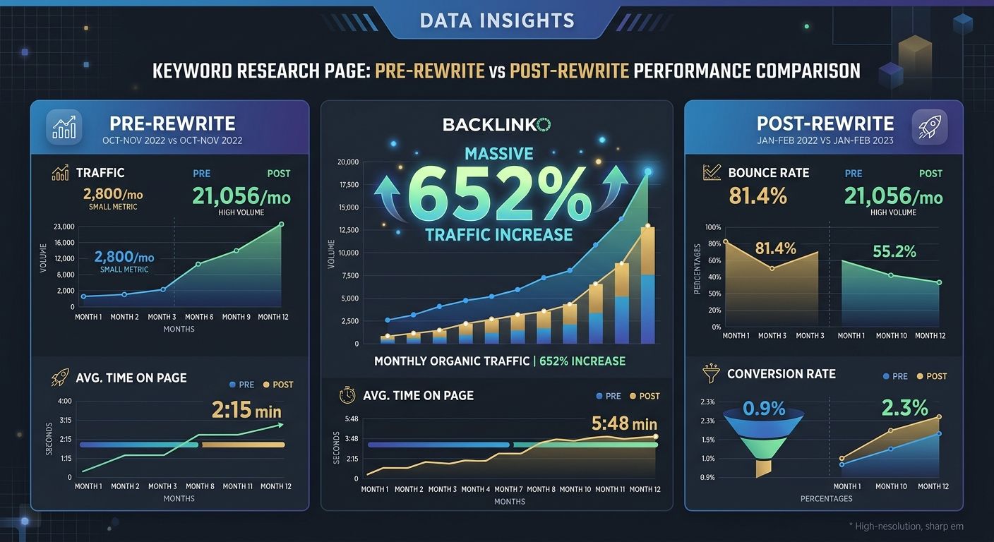 A before-and-after comparison chart showing Backlinko's keyword research page metrics pre-rewrite versus post-rewrite, including traffic volume, bounce rate, time on page, and conversion rate, with th