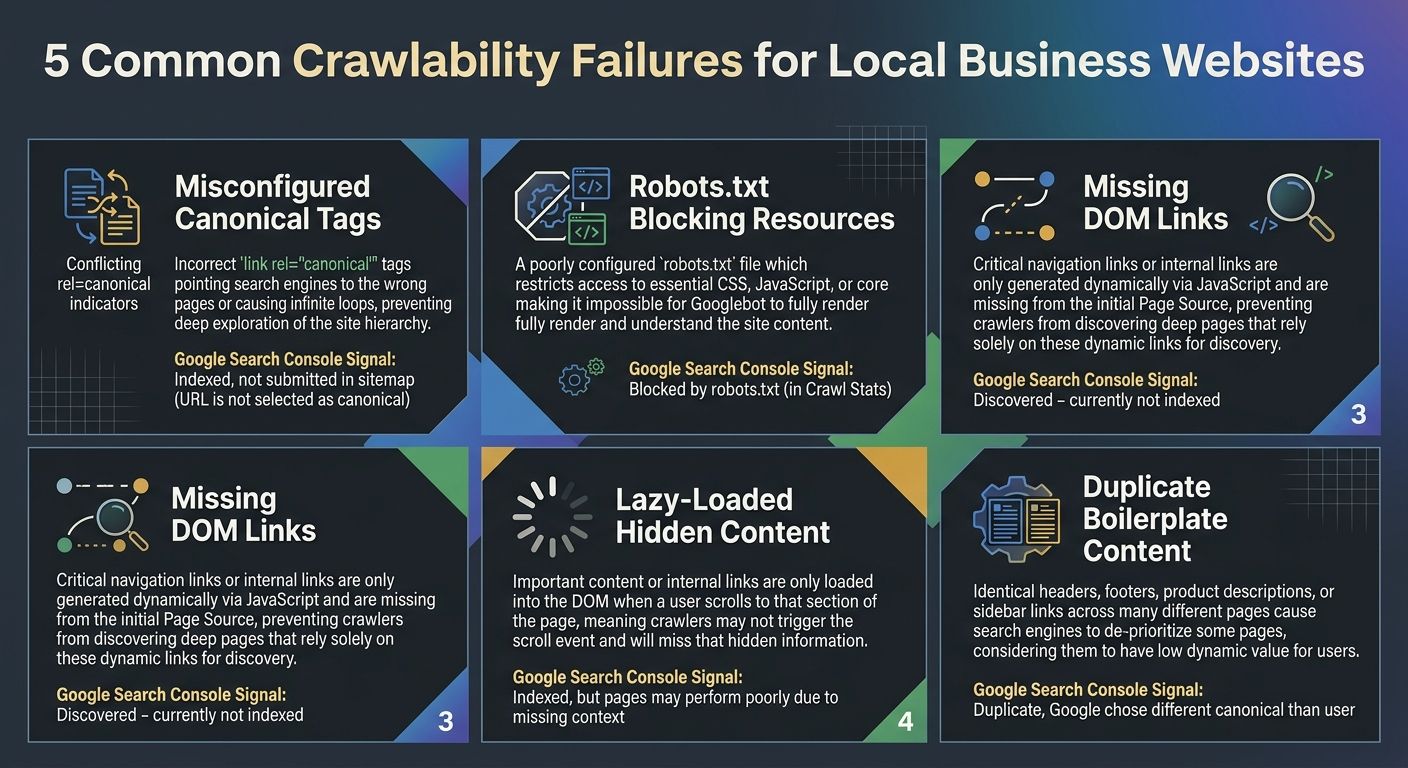 Infographic showing five common crawlability failures for local business sites, with icons for each: misconfigured canonical tags, robots.txt blocking resources, missing DOM links, lazy-loaded hidden 