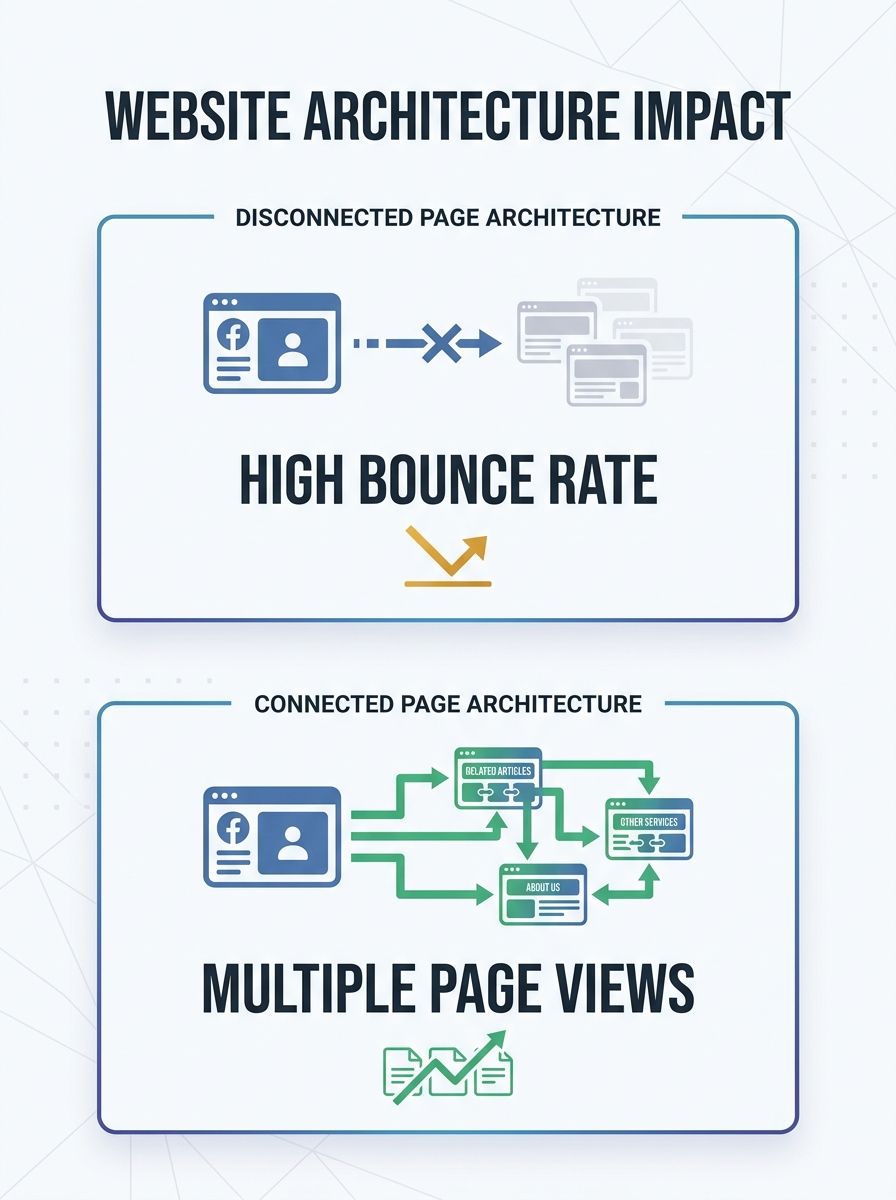 diagram showing two website architectures side by side - one with a social landing page disconnected from other content showing high bounce rate, and one with the same page connected via internal link