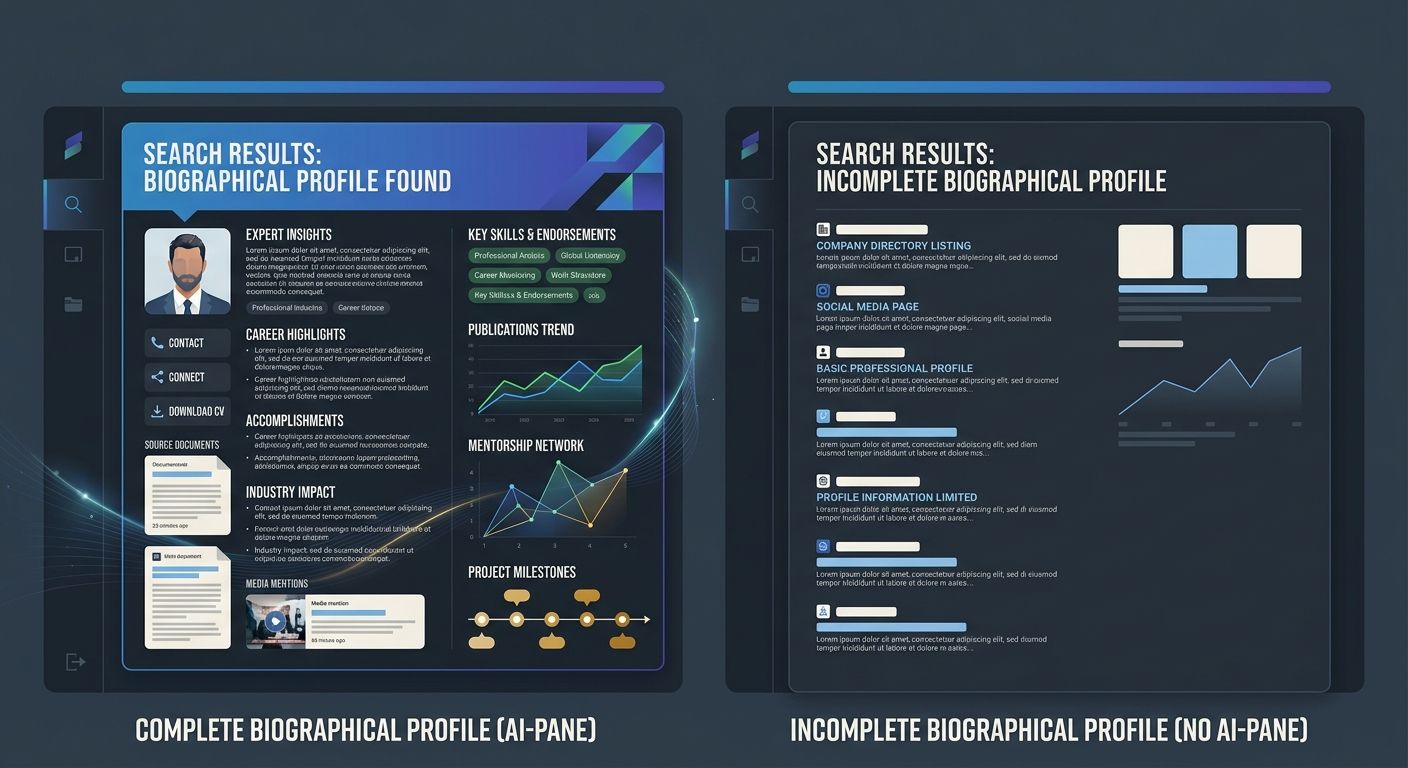 side-by-side comparison showing a complete business profile appearing in an AI-generated answer panel versus an incomplete profile being absent from the same query result