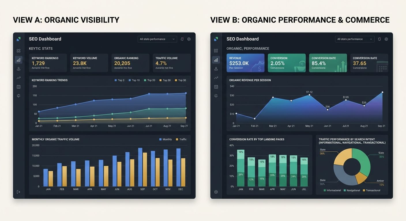 A dashboard mockup showing two SEO reporting views side by side—one tracking only keyword rankings and traffic volume, the other tracking organic revenue per session, conversion rate by landing page,