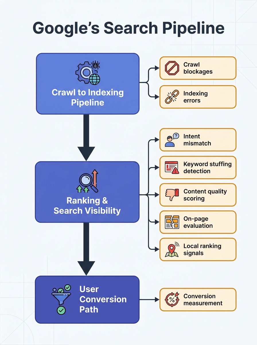 A vertical flowchart showing Google's sequential pipeline from crawl to conversion, with eight failure points mapped at each stage—crawl blockages, indexing errors, intent mismatch, keyword stuffing d