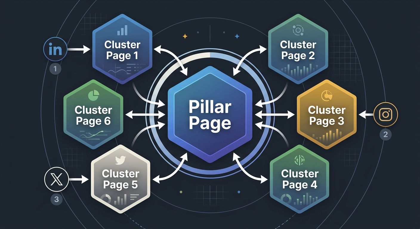 a hub-and-spoke diagram showing a pillar page at center connected to six cluster pages, with social media platform icons like LinkedIn, Instagram, and Twitter pointing to different cluster pages in a 