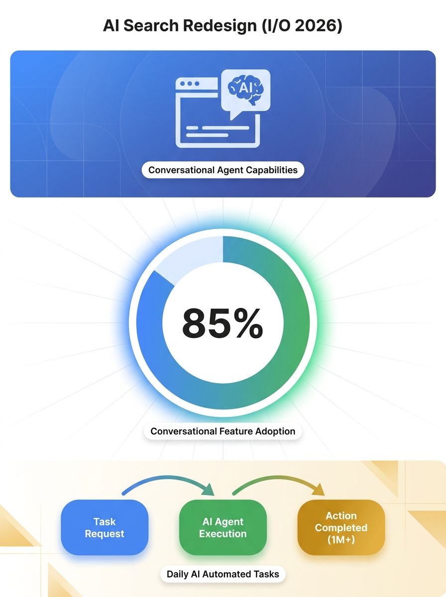 Google I/O 2026 stage presentation showing the redesigned search interface with AI agent capabilities and conversational features