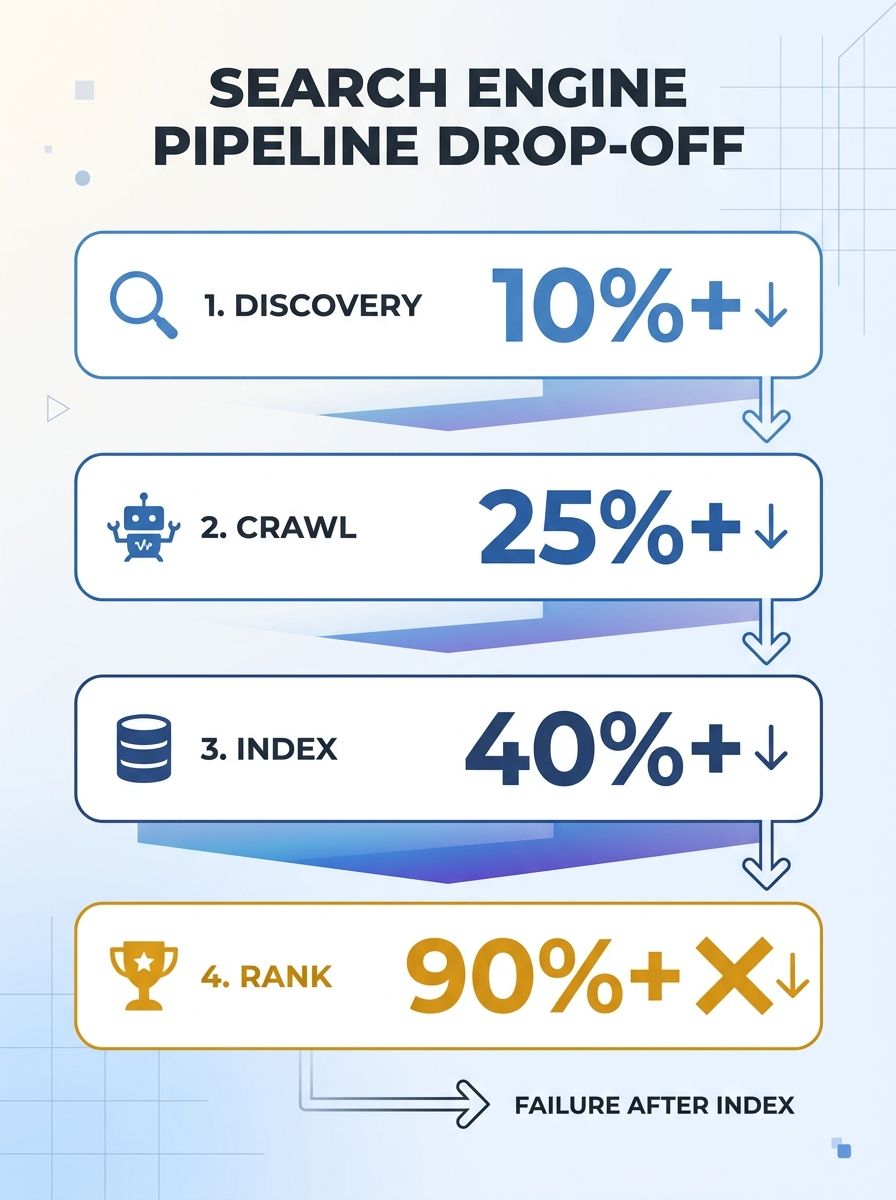 Infographic showing a four-stage pipeline from Discovery to Crawl to Index to Rank, with percentage drop-off at each stage, highlighting that most pages fail at the Rank stage despite passing Index