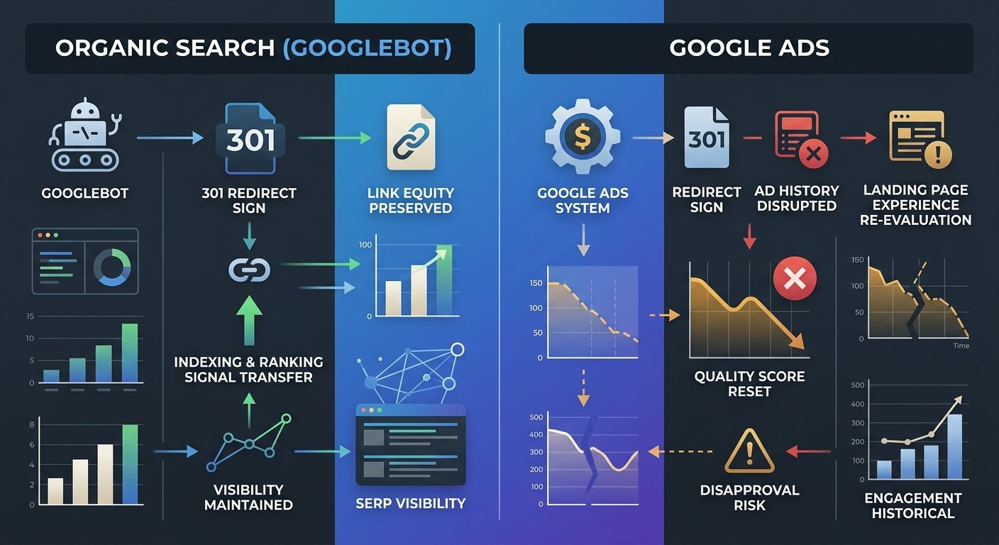 side-by-side comparison diagram showing how a 301 redirect is processed by Googlebot for organic search (equity preserved) versus how the same redirect is processed by Google Ads (Quality Score reset,