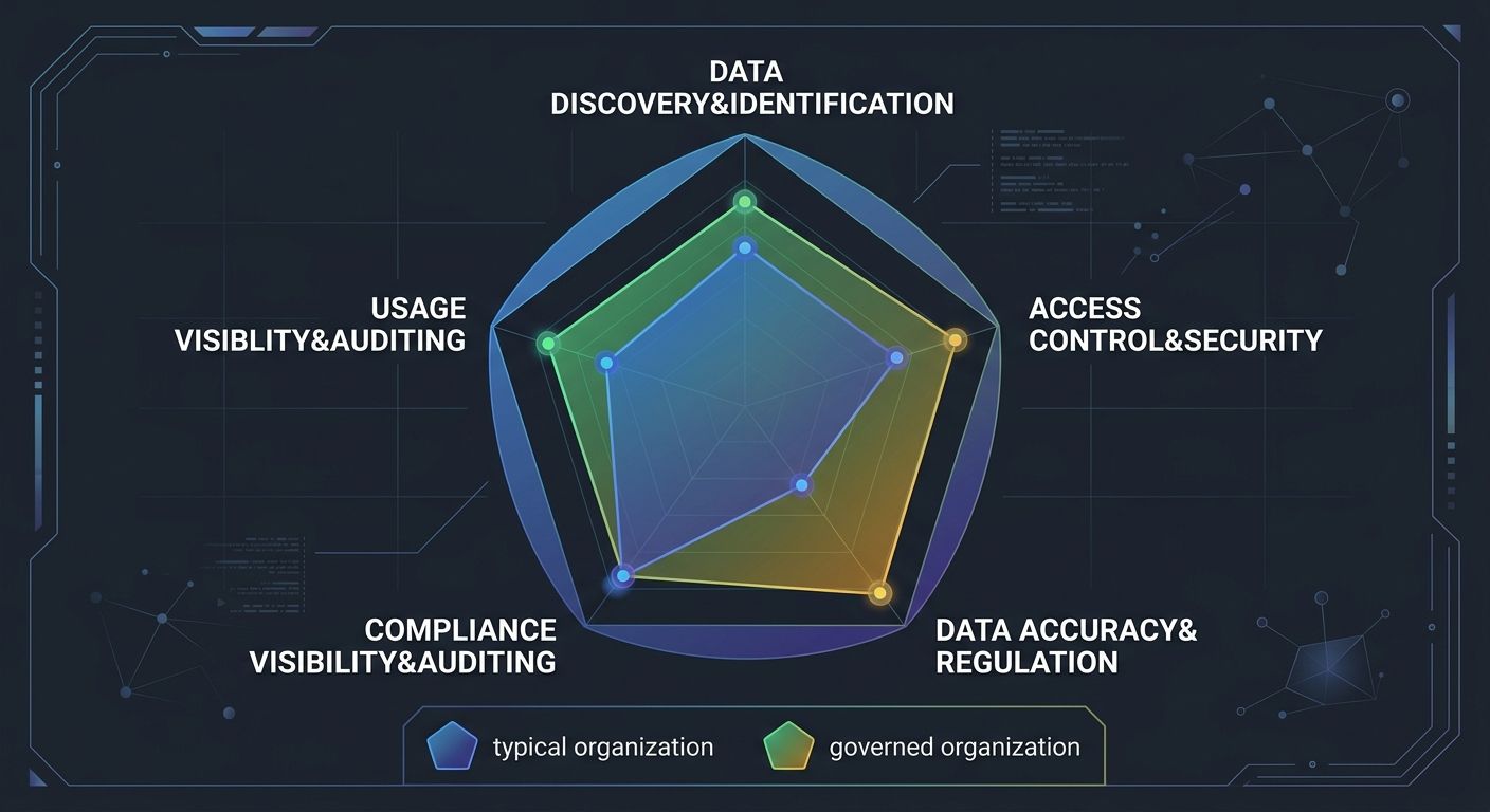 A radar chart with five axes representing the governance criteria, showing two overlapping patterns — one representing a typical organization with strong collection scores but weak consumption scores,