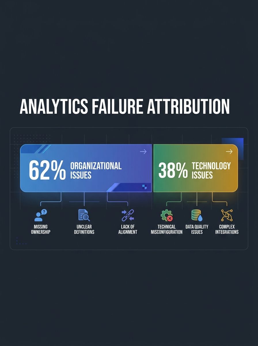A horizontal split bar chart showing 62% of analytics failures attributed to organizational issues versus 38% to technology issues, with labeled sub-categories under each showing specific failure type