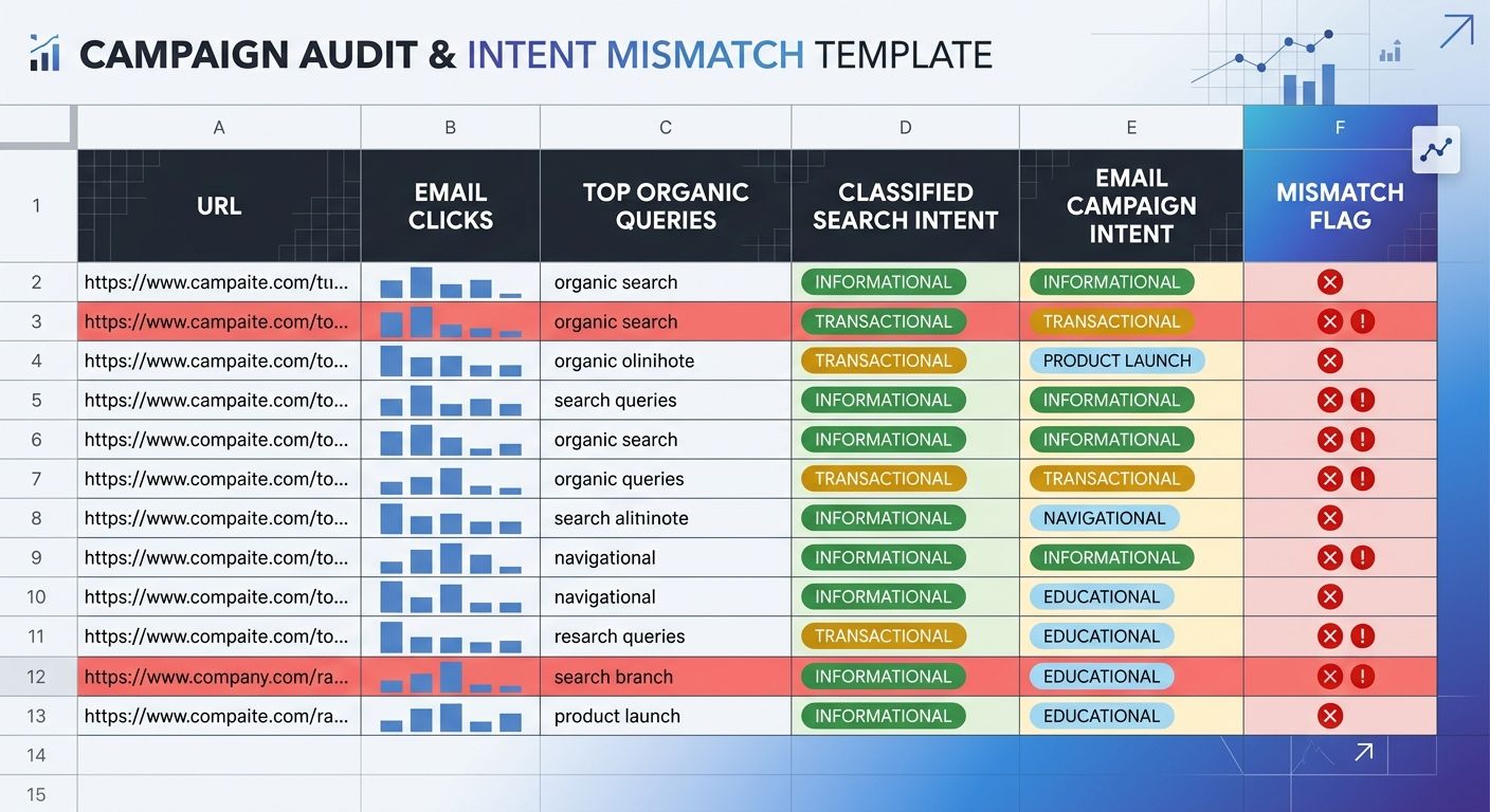 Screenshot-style illustration of a spreadsheet audit template with columns for URL, email clicks, top organic queries, classified search intent, email campaign intent, and a mismatch flag column highl