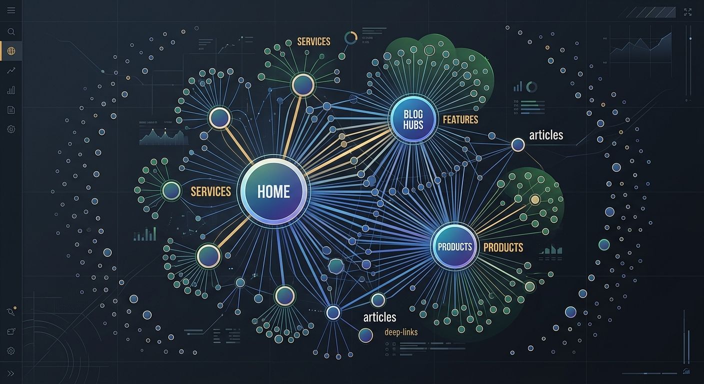 A network graph visualization showing internal link distribution across a website, with a few large nodes representing heavily-linked pages and many tiny isolated nodes representing orphaned or under-