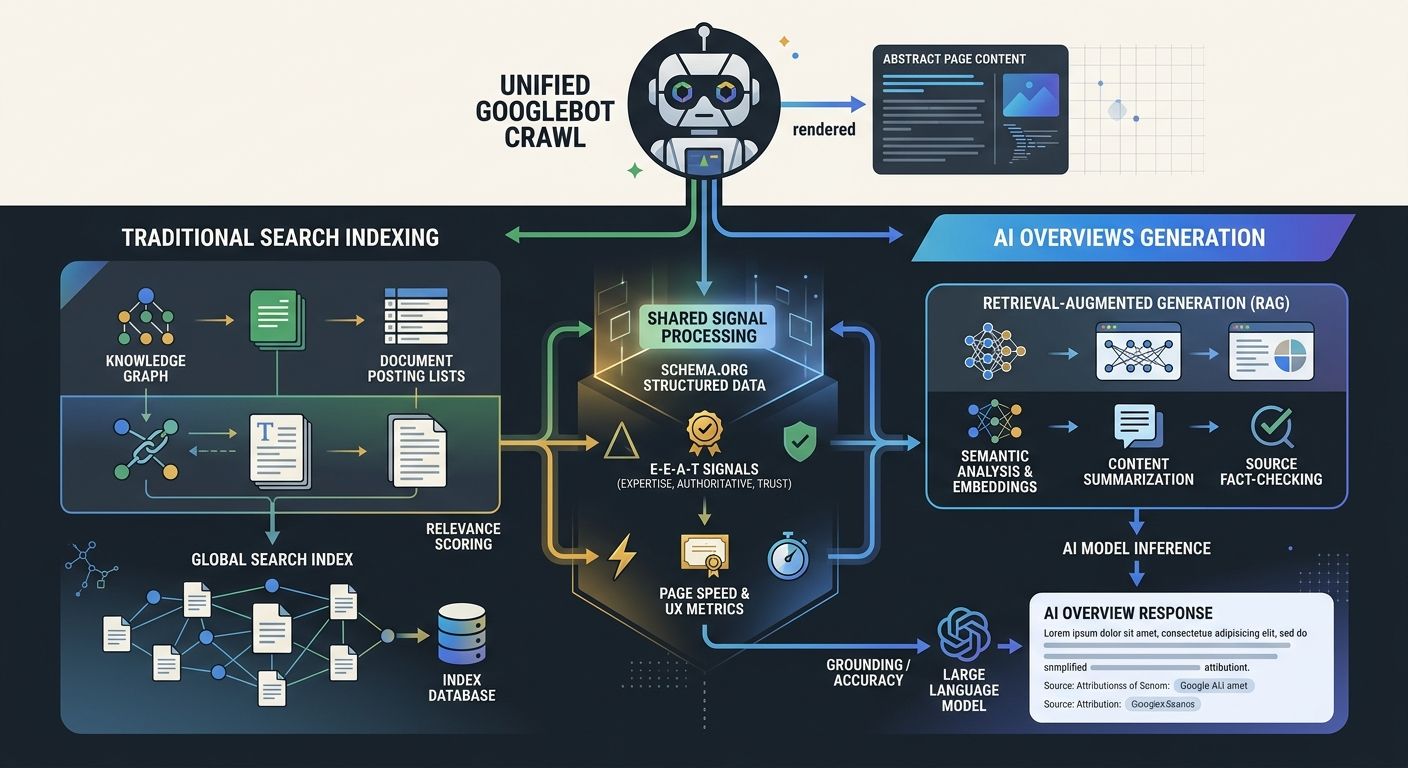 technical diagram showing how Google's single Googlebot crawl feeds both traditional search index and AI Overview generation, with shared signals like schema, E-E-A-T, and page speed flowing into both