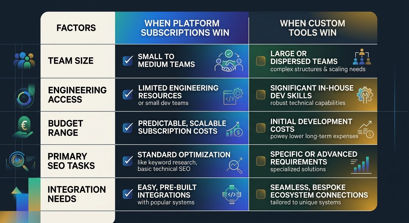 A decision matrix table with rows for team size, engineering access, budget range, primary SEO tasks, and integration needs, with columns showing when platform subscriptions win versus when custom too