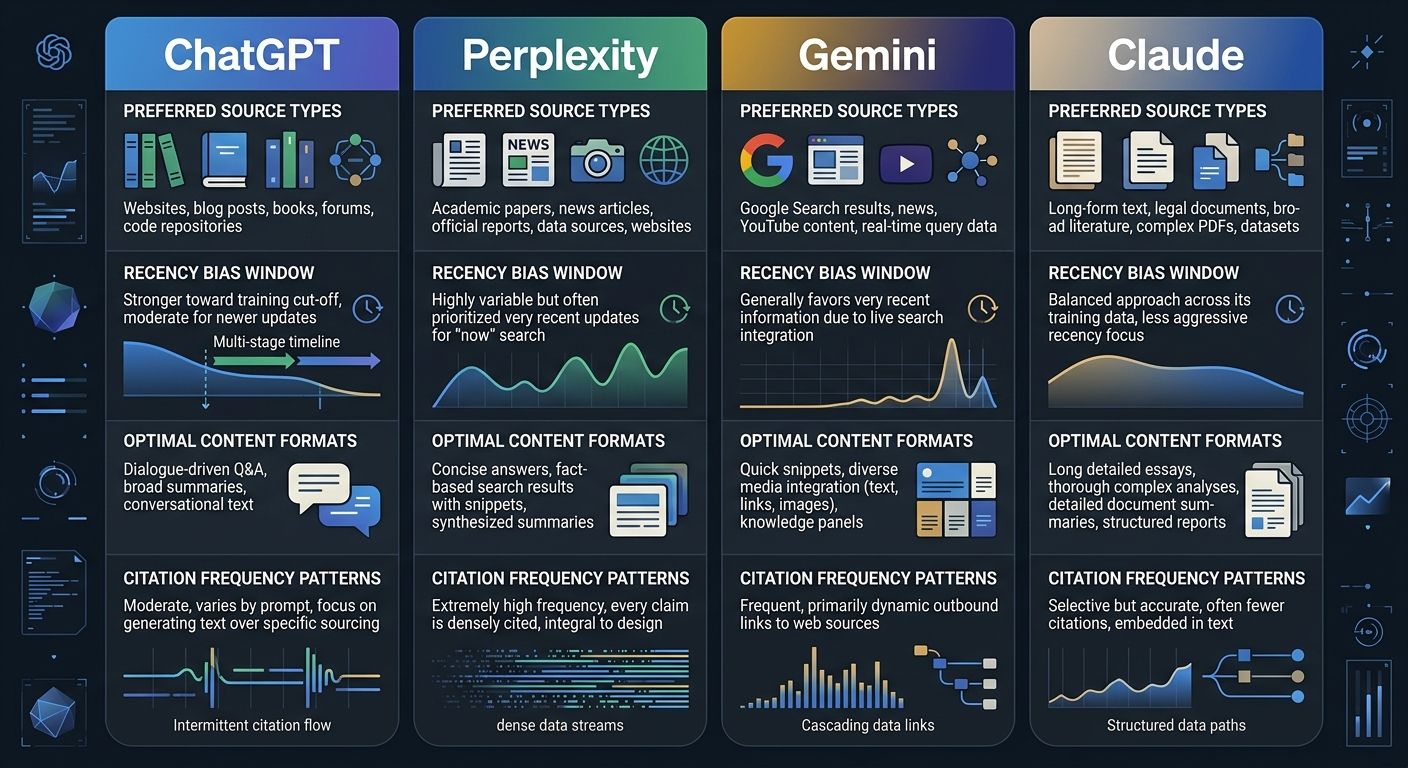 A four-column comparison showing ChatGPT, Perplexity, Gemini, and Claude side by side with their preferred source types, recency bias windows, optimal content formats, and citation frequency patterns