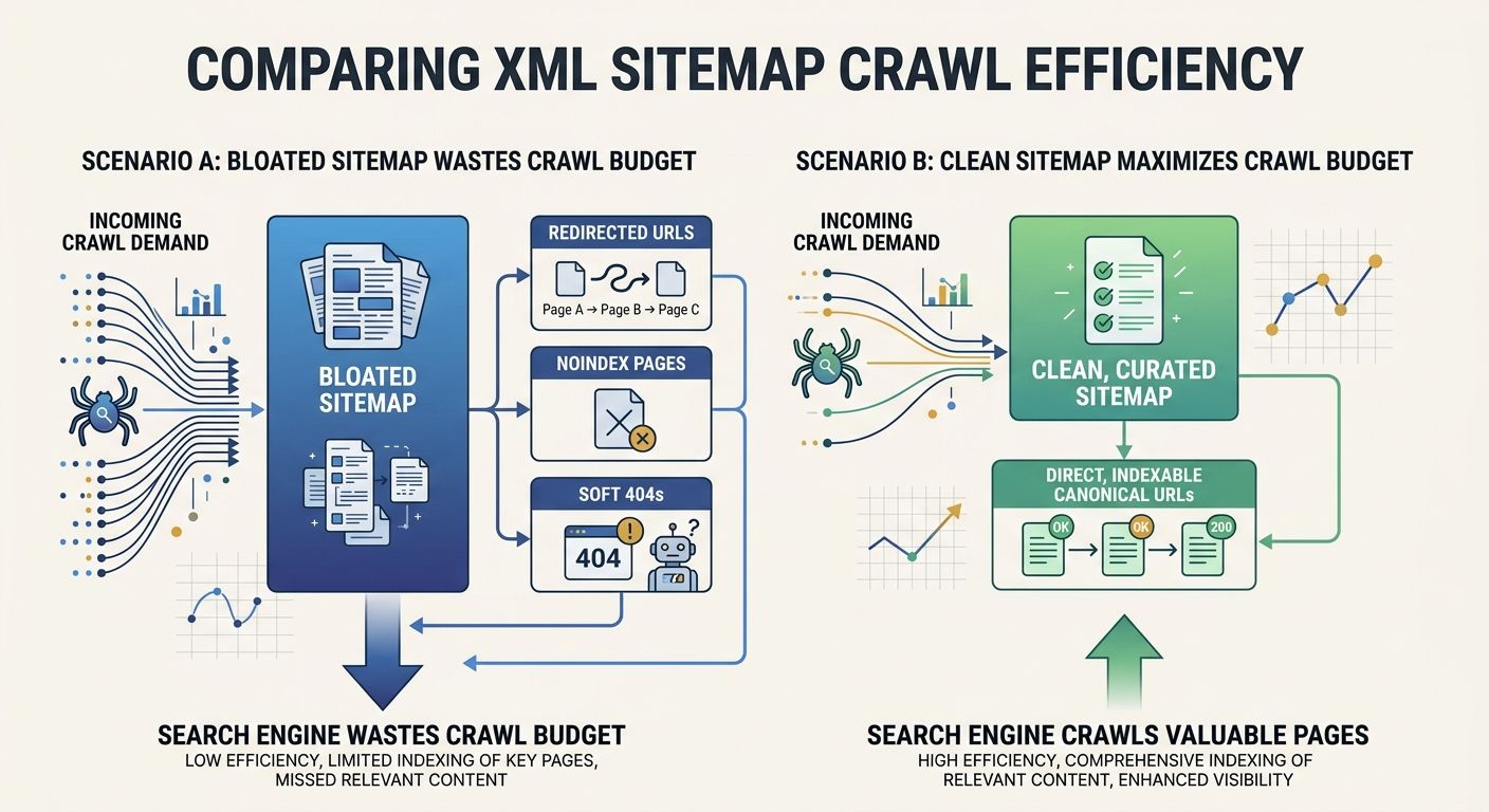 A flowchart showing how a bloated XML sitemap with redirects, noindex pages, and soft 404s wastes crawl budget versus a clean curated sitemap that directs all crawl demand to indexable canonical URLs