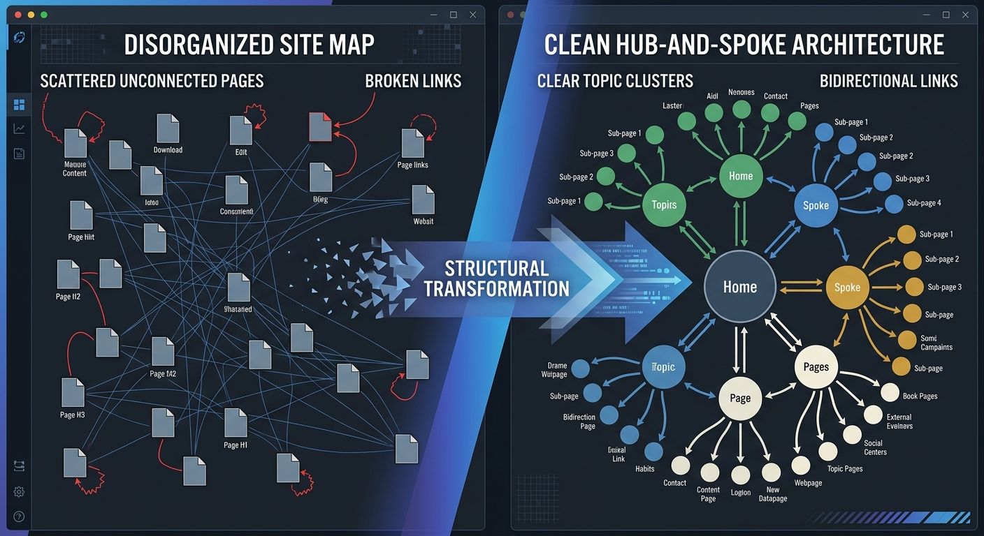 split-screen comparison showing a disorganized site map with scattered unconnected pages and broken links on the left, versus a clean hub-and-spoke architecture with clear topic clusters and bidirecti