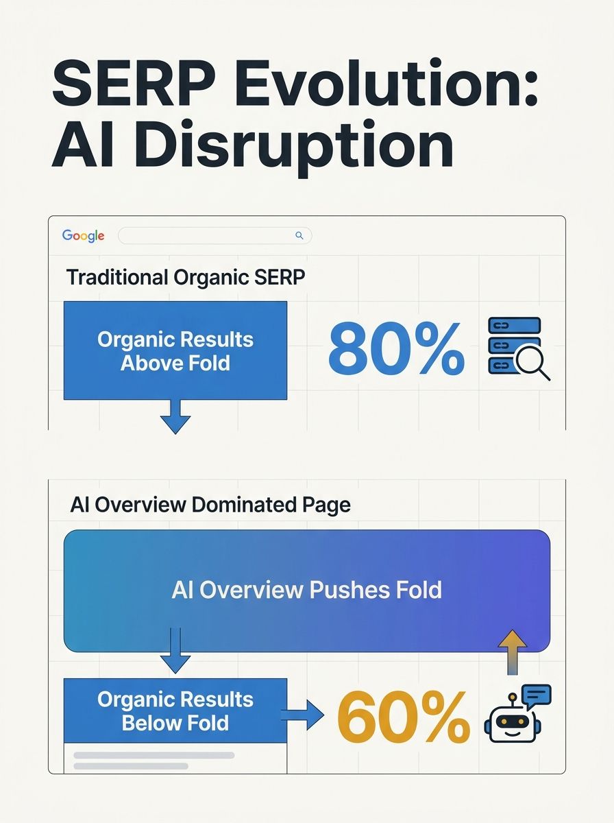 Split-screen comparison showing a traditional Google search result page with organic listings versus a modern AI Overview-dominated page pushing results below the fold