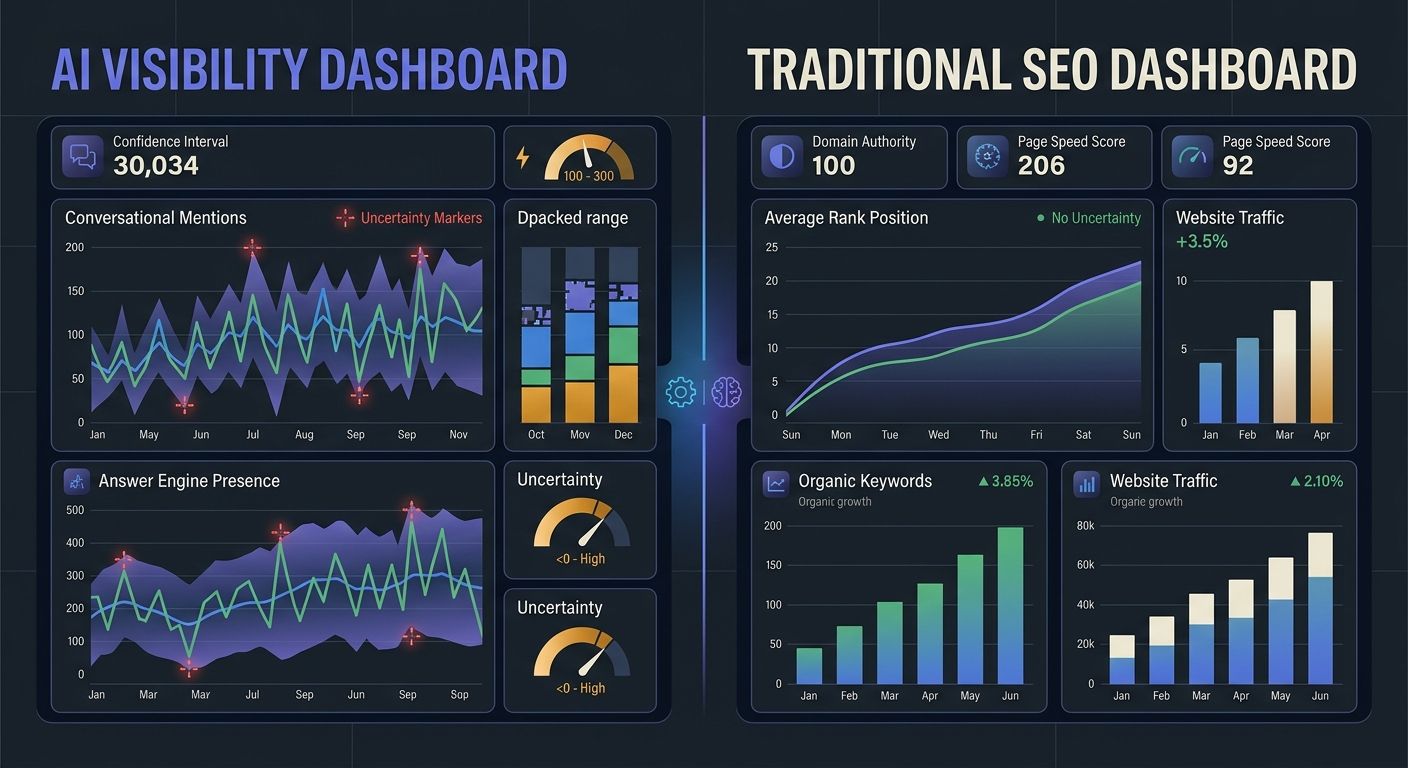 Illustration of an AI visibility dashboard showing fluctuating metrics with wide confidence intervals and uncertainty markers, next to a traditional SEO dashboard with clean, stable rank position data