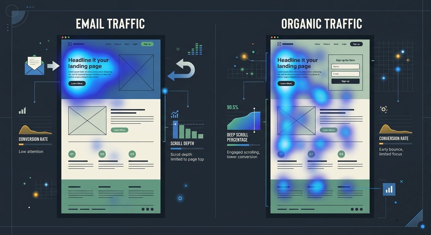A heatmap-style visualization showing a landing page where email traffic concentrates attention on the top 30% of the page before bouncing, while organic traffic scrolls deeper but still doesn't conve