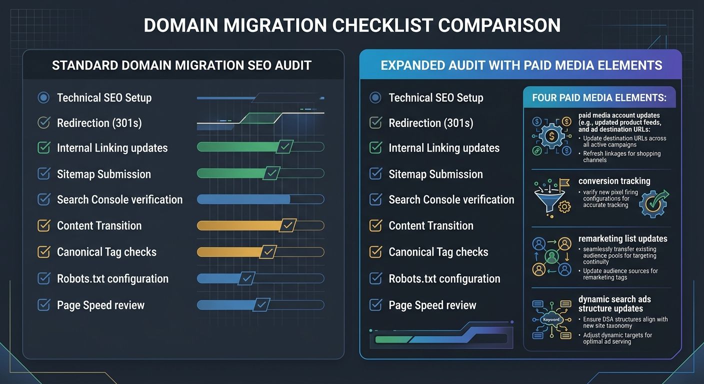 checklist comparison showing a standard domain migration SEO audit on the left side with typical items, and an expanded version on the right side that includes the four paid media elements described i