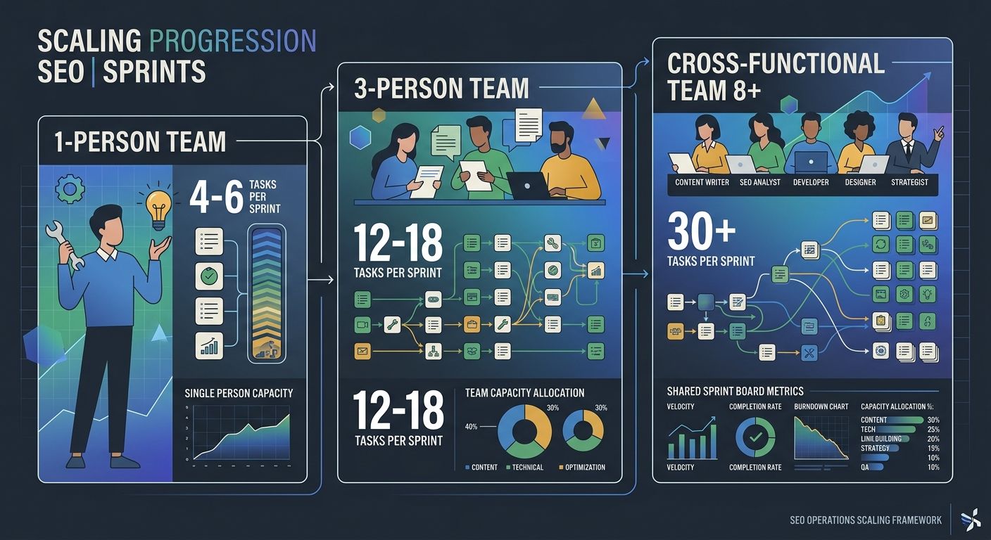 An infographic showing the scaling progression of SEO sprints from a 1-person team handling 4-6 tasks per sprint, to a 3-person team handling 12-18 tasks, to a cross-functional team of 8+ handling 30+