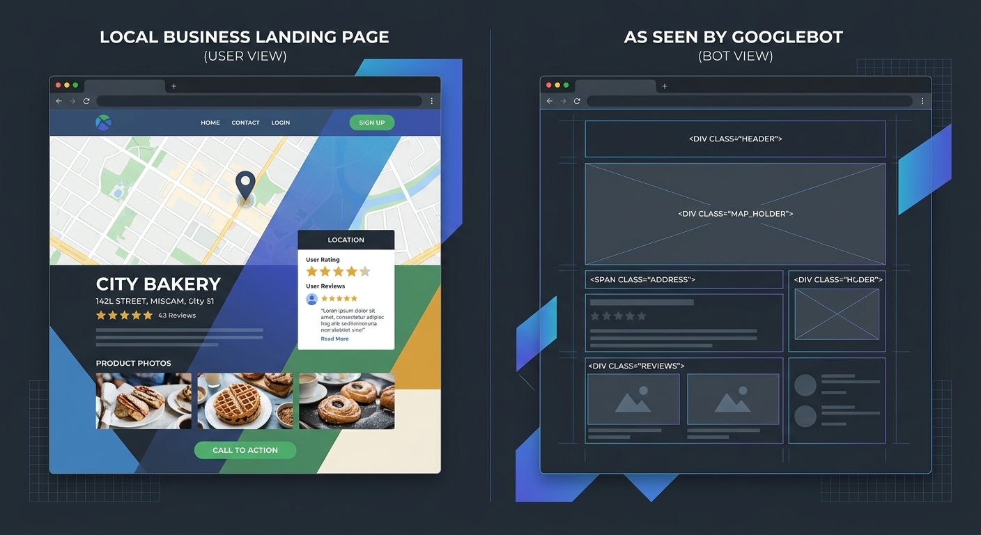 Split-screen comparison showing a local business landing page as seen in a browser (fully rendered with map, address, reviews) versus as seen by Googlebot (empty template with placeholder divs and no 