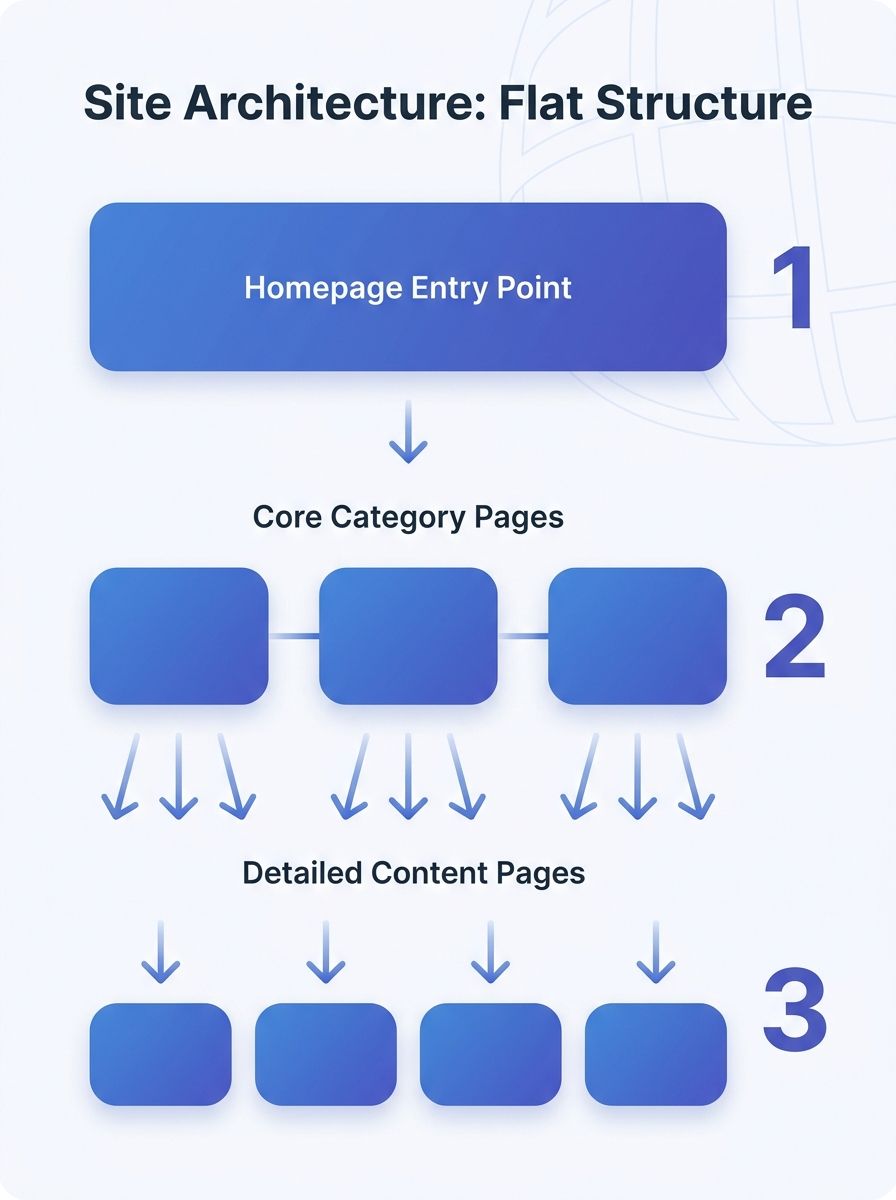 An infographic showing a flat site architecture diagram with homepage at top, category pages at second level, and content pages at third level, with arrows showing internal link flow and numbered clic