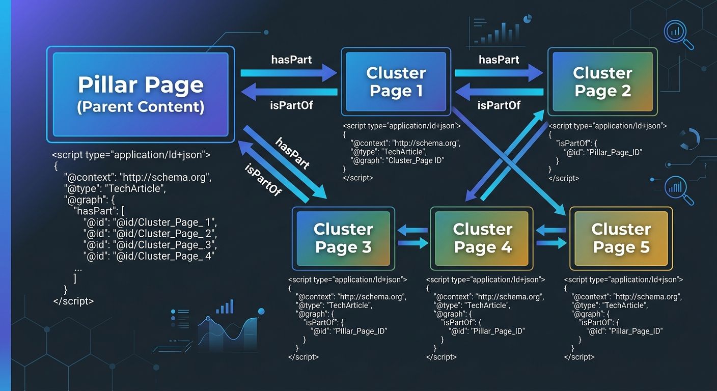 Diagram showing a pillar page connected to five cluster pages with bidirectional arrows labeled hasPart and isPartOf, illustrating the JSON-LD relationship structure between parent and child content