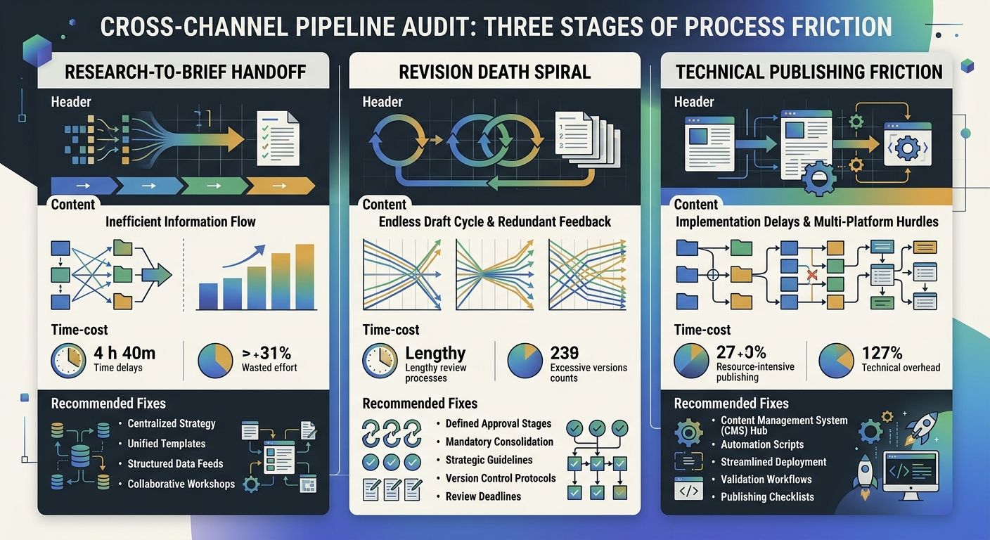 A three-column infographic showing the three stages of the Cross-Channel Pipeline Audit — Research-to-Brief Handoff, Revision Death Spiral, and Technical Publishing Friction — with specific time-cost