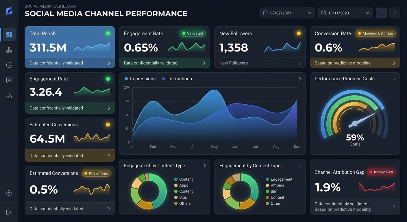 A dashboard mockup showing a social media channel performance report with highlighted data confidence indicators — green for validated metrics, yellow for modeled estimates, red for known gaps