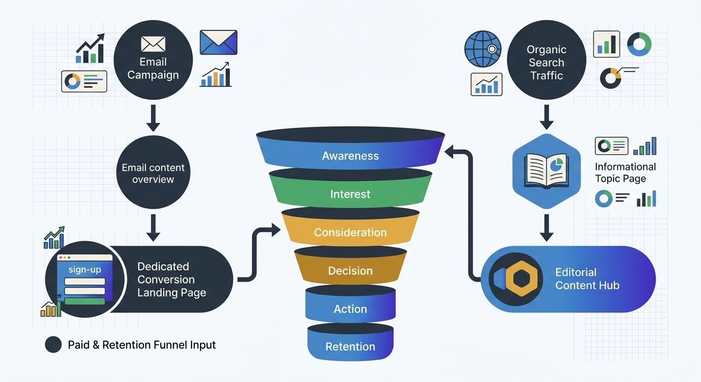 A flowchart showing the recommended workflow—email campaign linking to a dedicated conversion landing page for subscribers, while the same topic's informational page continues to serve organic search 