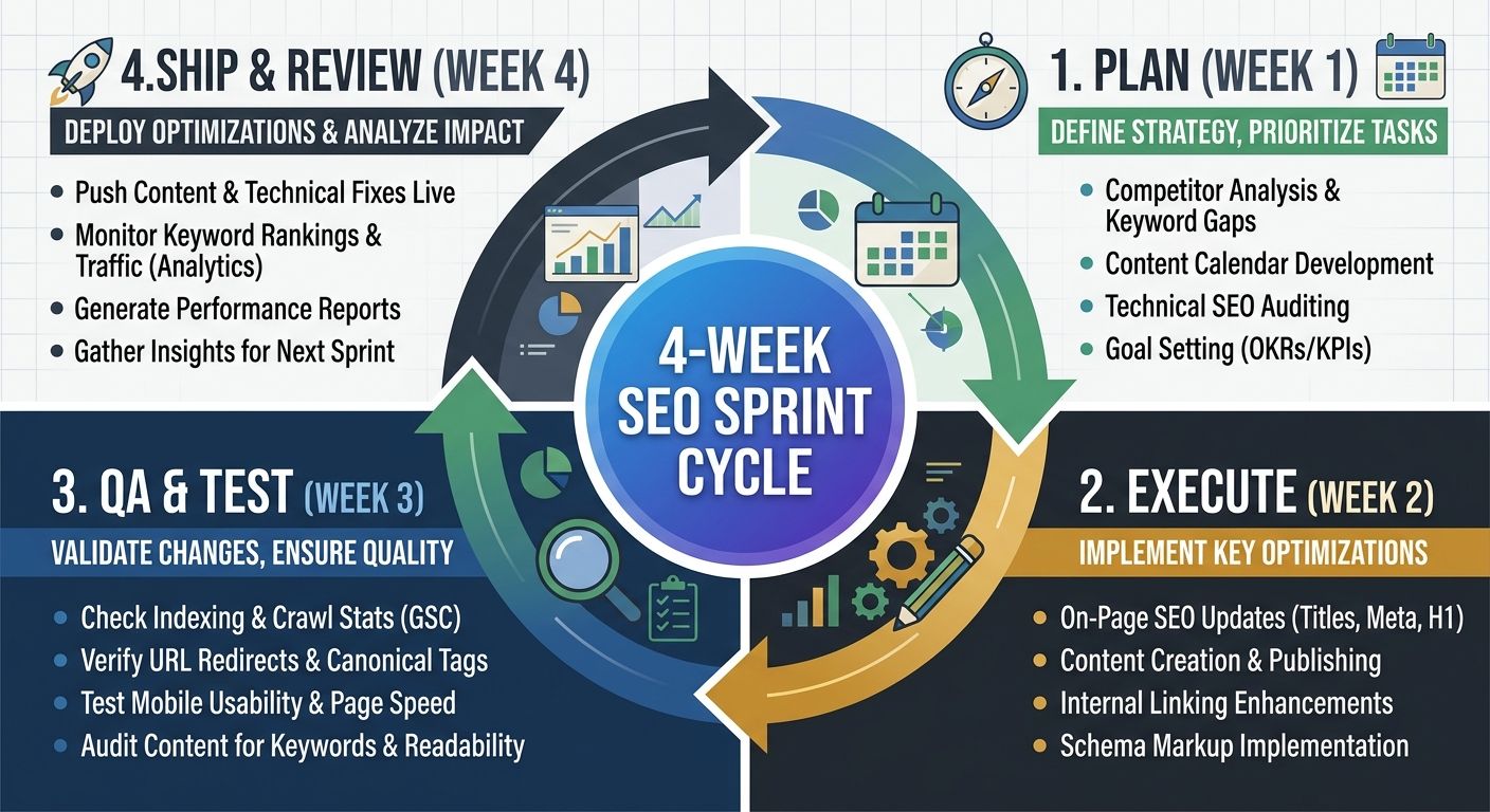 A circular workflow diagram showing the 4-week SEO sprint cycle with four quadrants labeled Plan, Execute, QA, and Ship/Review, with arrows connecting each phase and key activities listed in each sect