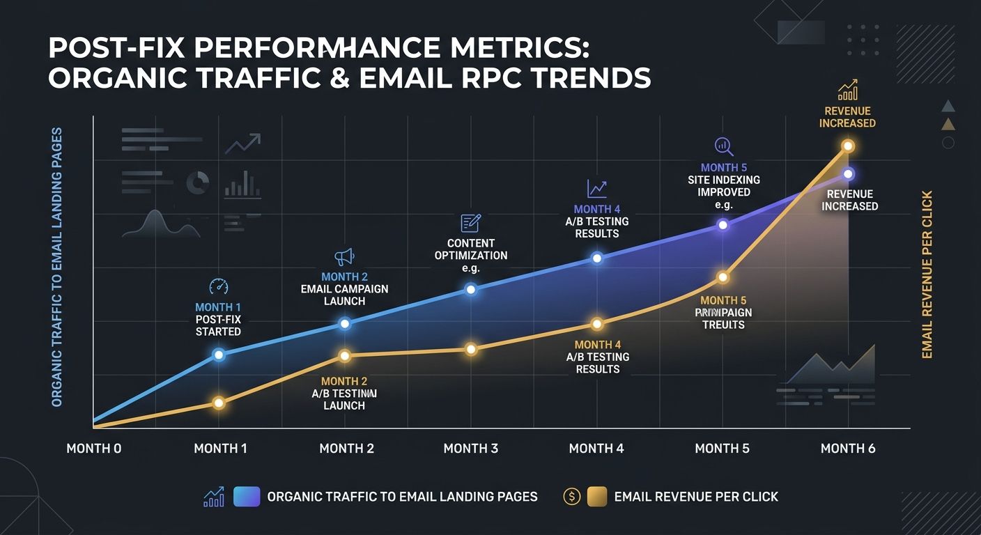 a line chart showing two trend lines over 6 months post-fix: one showing organic traffic to email landing pages rising steadily, and another showing email revenue per click increasing, with key interv