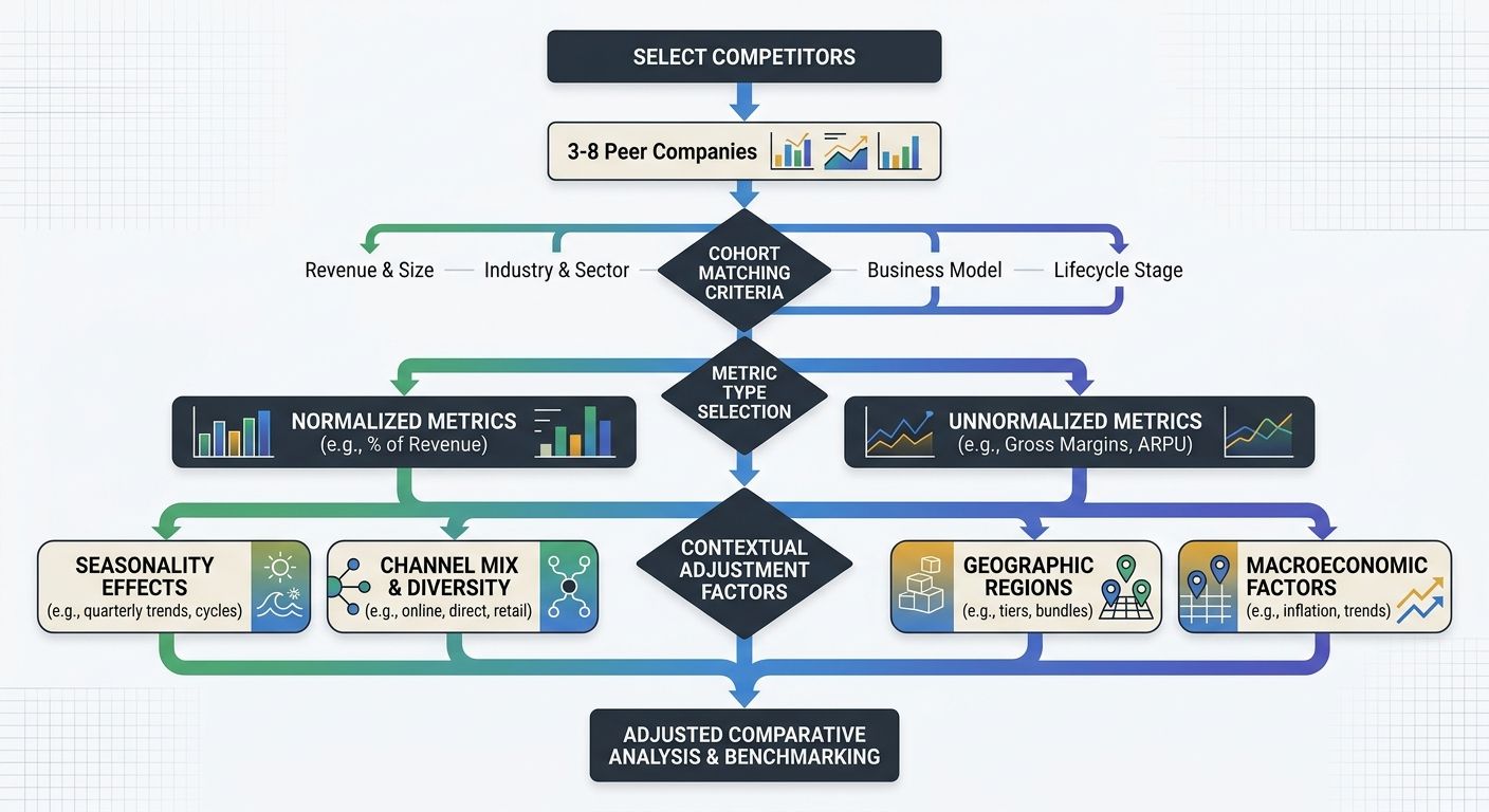 A flowchart diagram showing the Cohort-Metric-Context model decision tree, starting with selecting 3-8 competitors and branching through cohort matching criteria, metric type selection for normalized