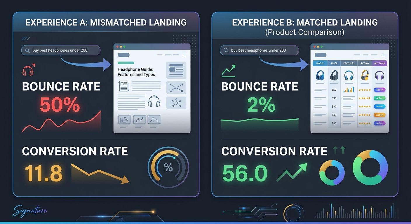 A side-by-side comparison showing a transactional search query landing on an informational page versus landing on a properly matched product comparison page, with bounce rate and conversion rate diffe