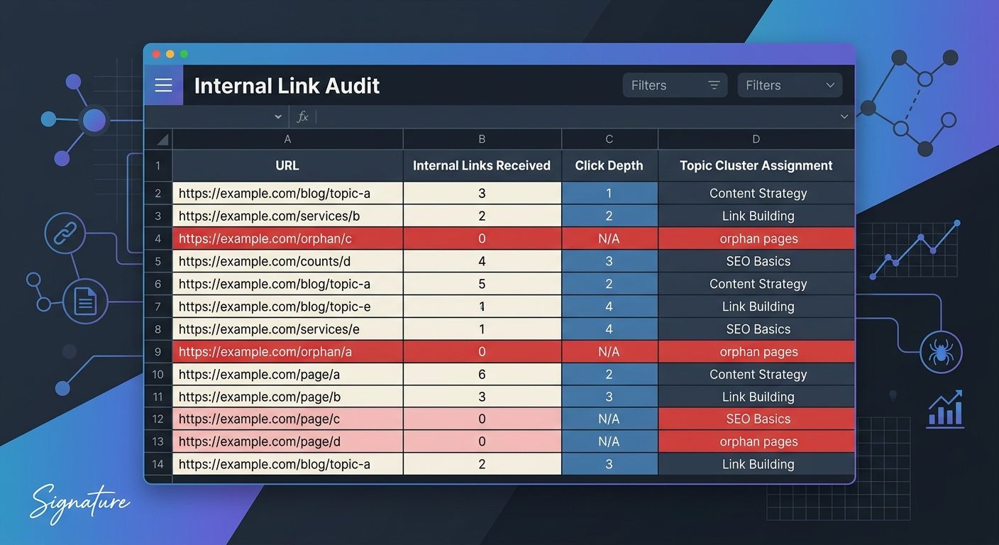 Screenshot-style illustration of an internal link audit spreadsheet showing columns for URL, internal links received, click depth, and topic cluster assignment, with orphan pages highlighted in red